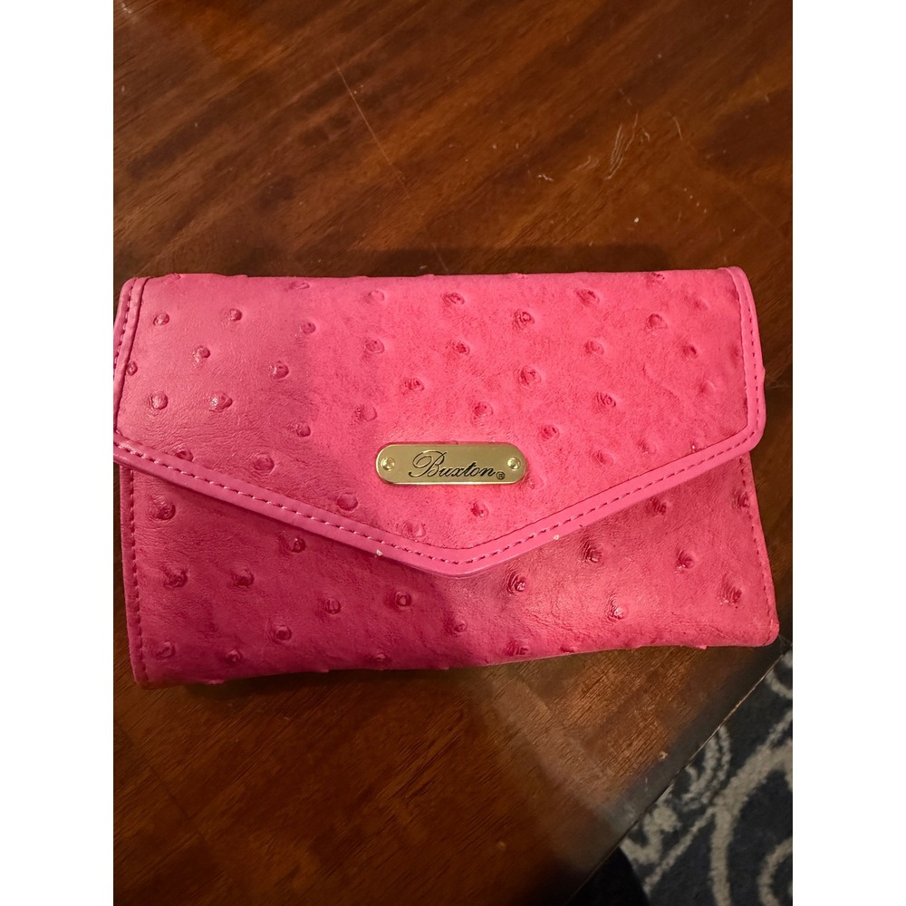 Buxton Pink Ostrich Embossed Wallet Clutch Crossbody Gold Chain Bag